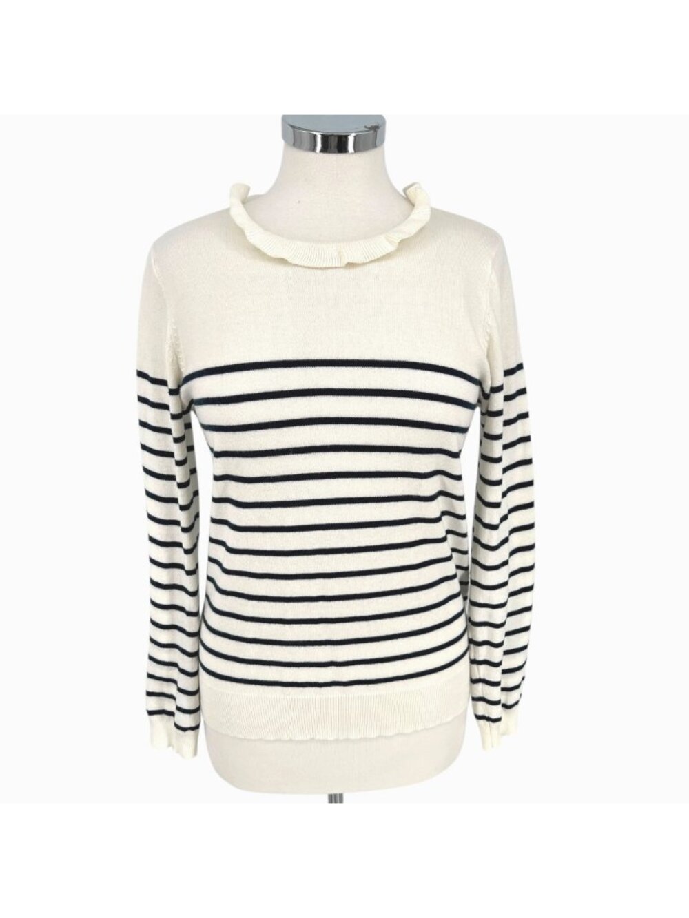 Böhme Striped Ruffled Neck Sweater Preppy Nautical Ivory White Black Size Medium